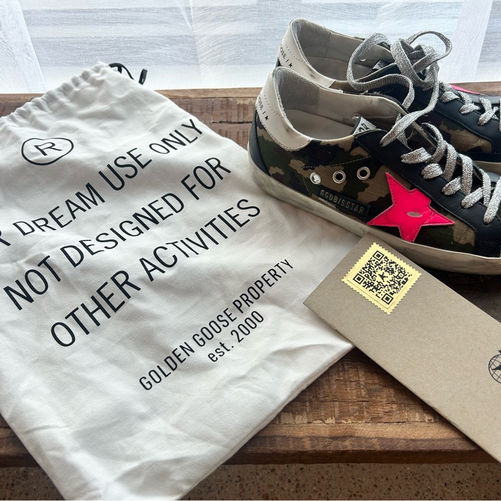 Golden Goose Camouflage Sneakers with Bright Pink Star